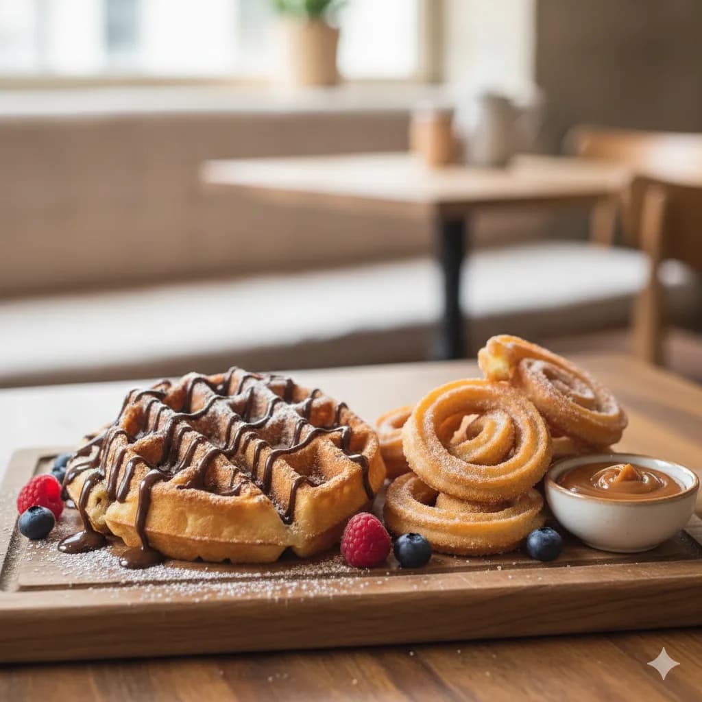 Nygräddade våfflor och churros med socker på Karamellaffären